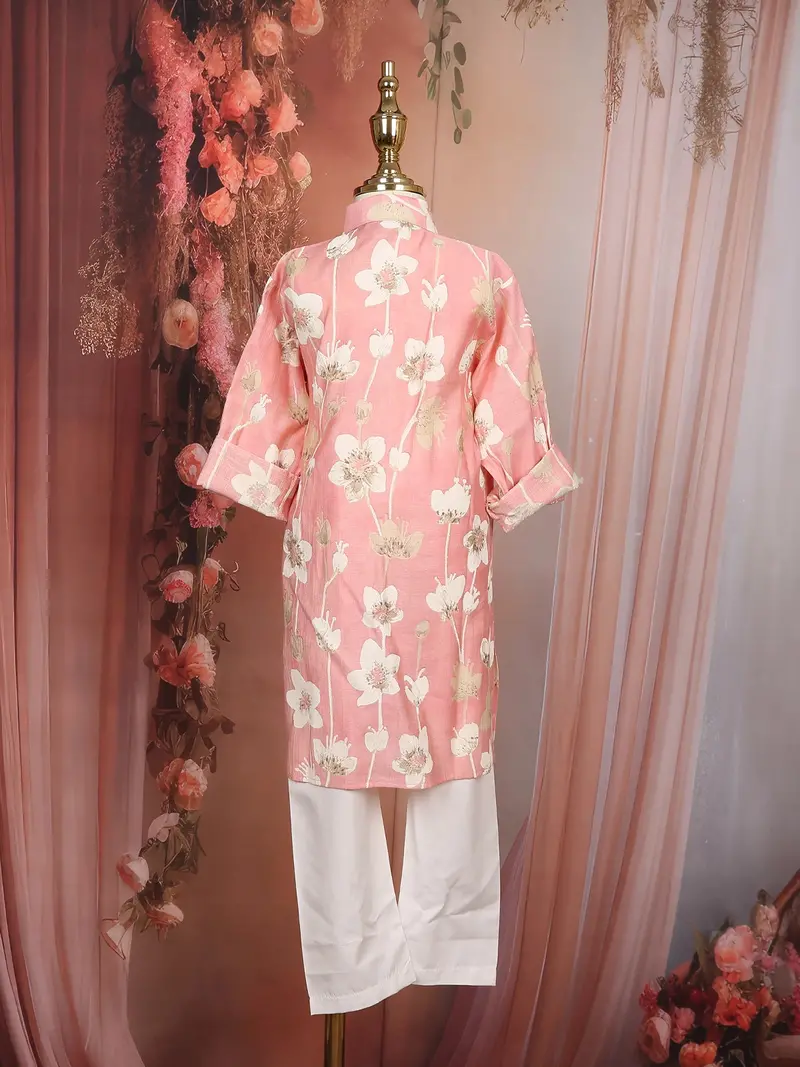 Light Pink Floral Woven Design Cotton Kids Kurta Set 8