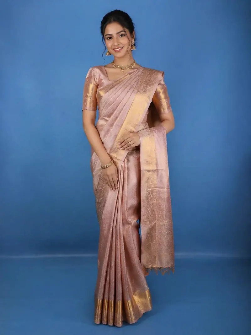 Light Pink Floral Woven Pure Kanchipuram Silk Saree 1