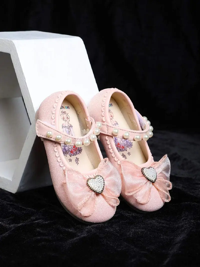 Light Pink Glitter Ballerinas Embellished With Beads And Attached Bow For Girls 1