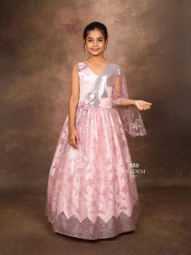 Light Pink Glitter Gown With Sequence And Floral Design On The Body 1