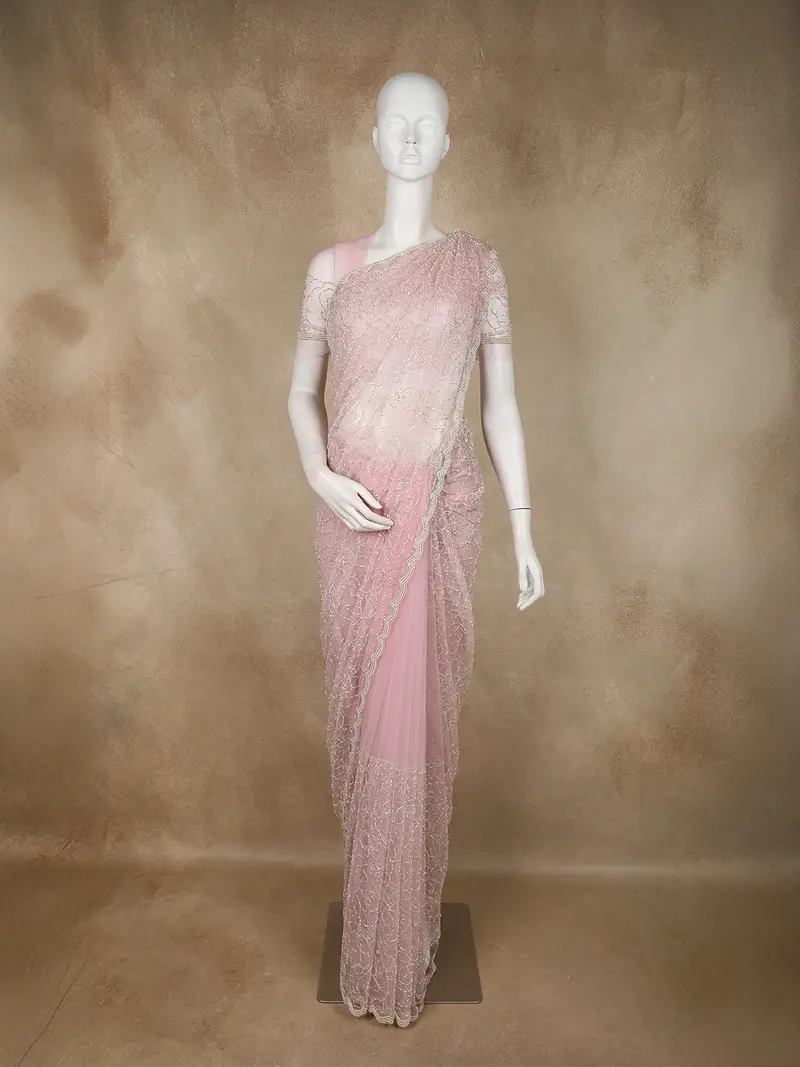 Light Pink Heavy Beads Embroidered Design Net Designer Saree 1