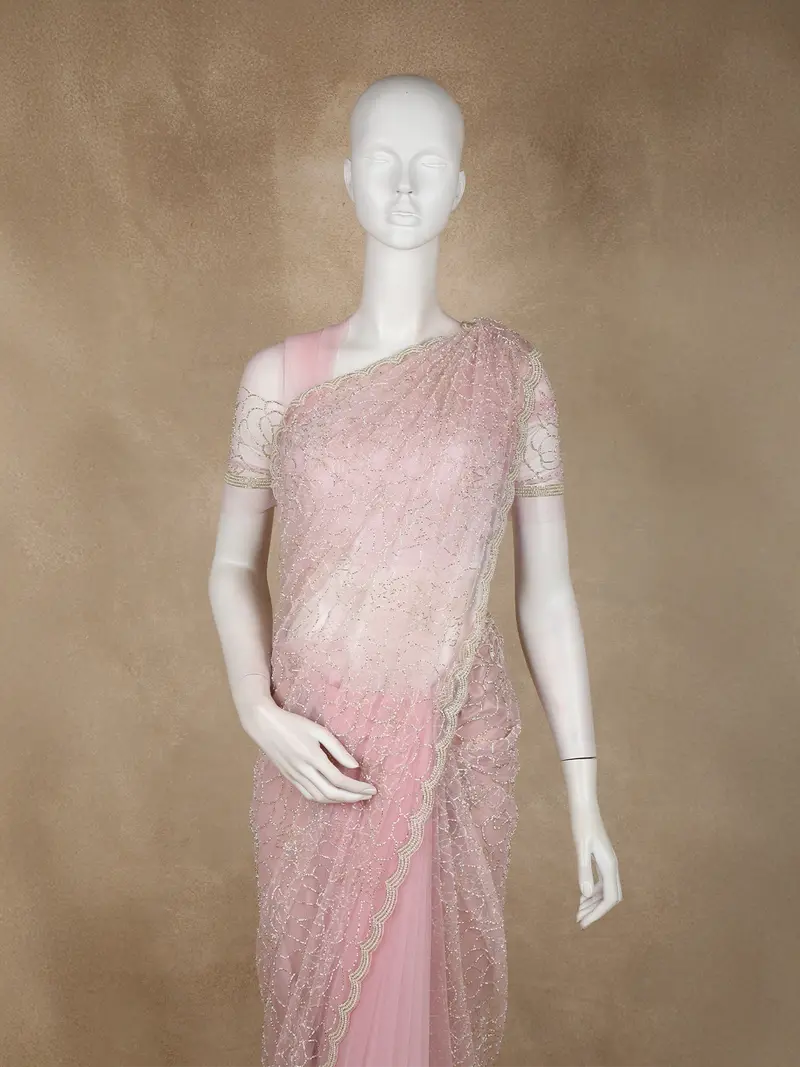 Light Pink Heavy Beads Embroidered Design Net Designer Saree 2