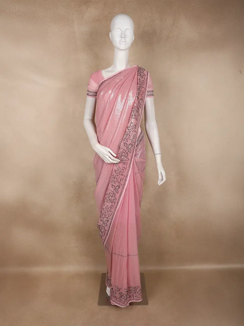 Light Pink Heavy Sequins Embroidered Design Tissue Designer Saree With Designer Border 1