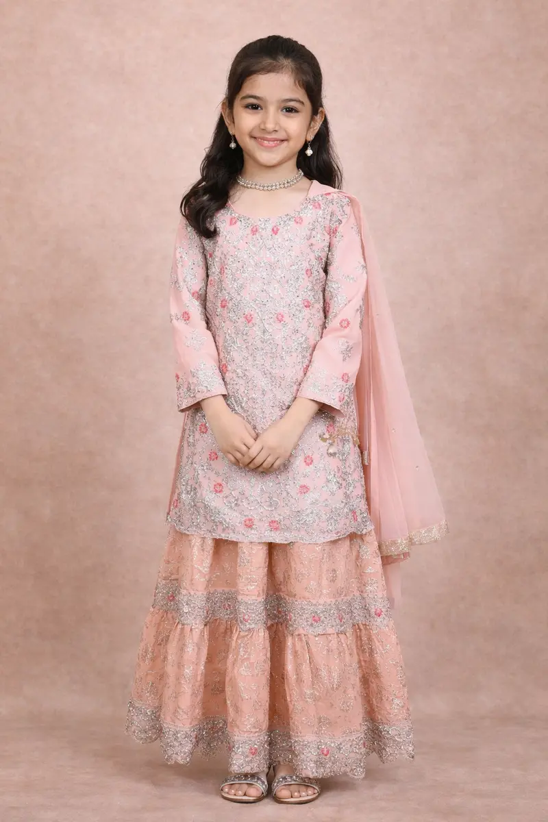 Light Pink Kids Lehenga Adorned With Sequins And Floral Design With Dupatta 1