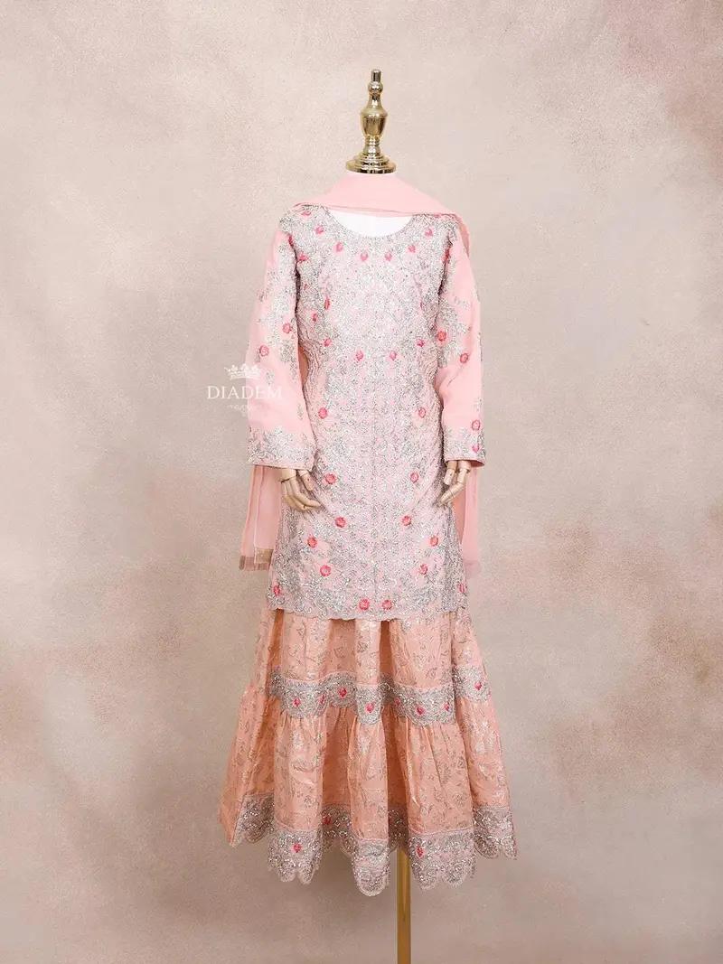 Light Pink Kids Lehenga Adorned With Sequins And Floral Design With Dupatta 2