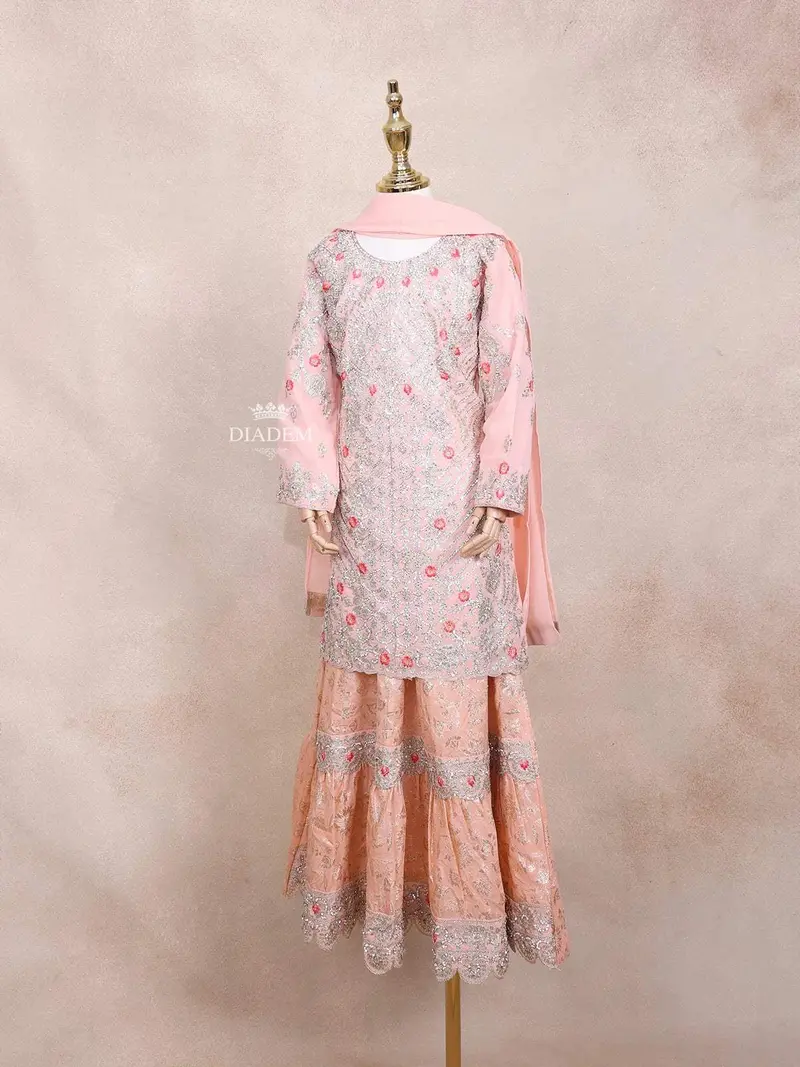 Light Pink Kids Lehenga Adorned With Sequins And Floral Design With Dupatta 3