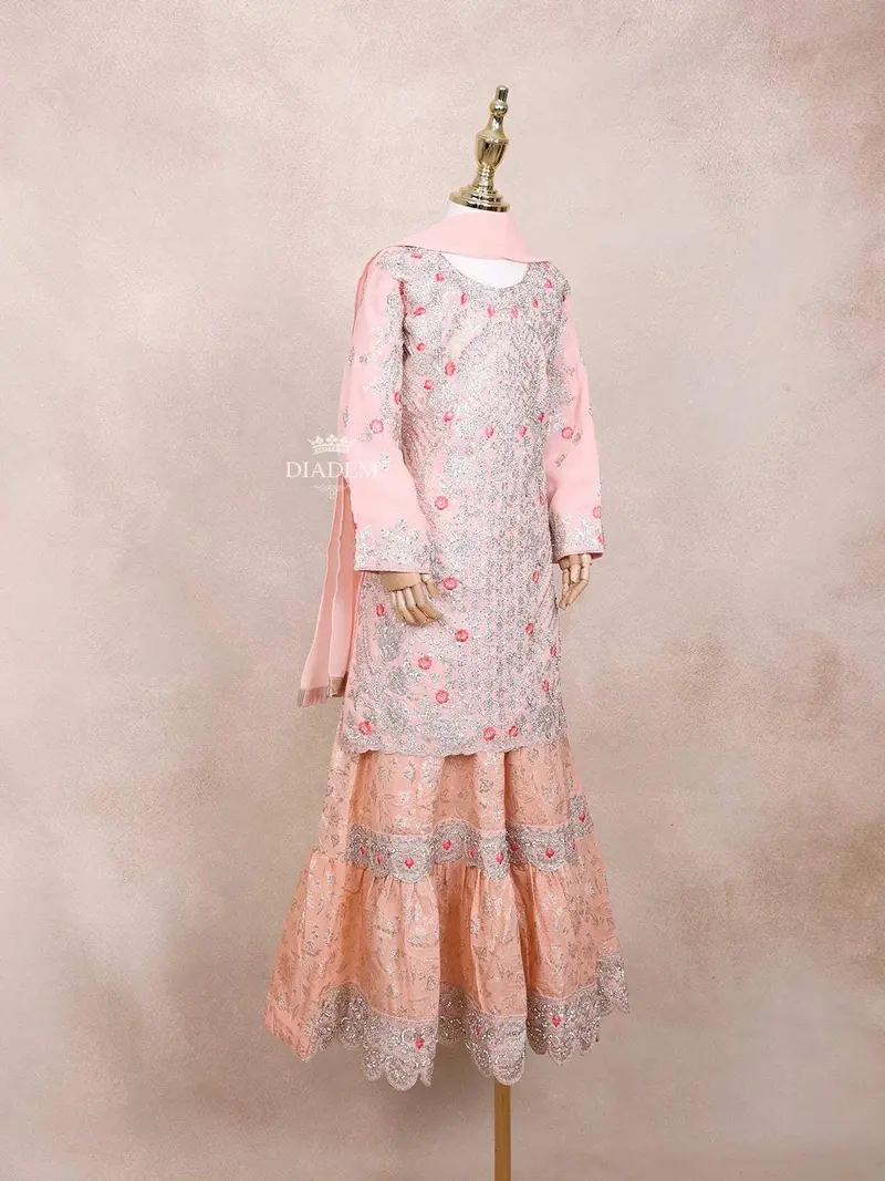 Light Pink Kids Lehenga Adorned With Sequins And Floral Design With Dupatta 4