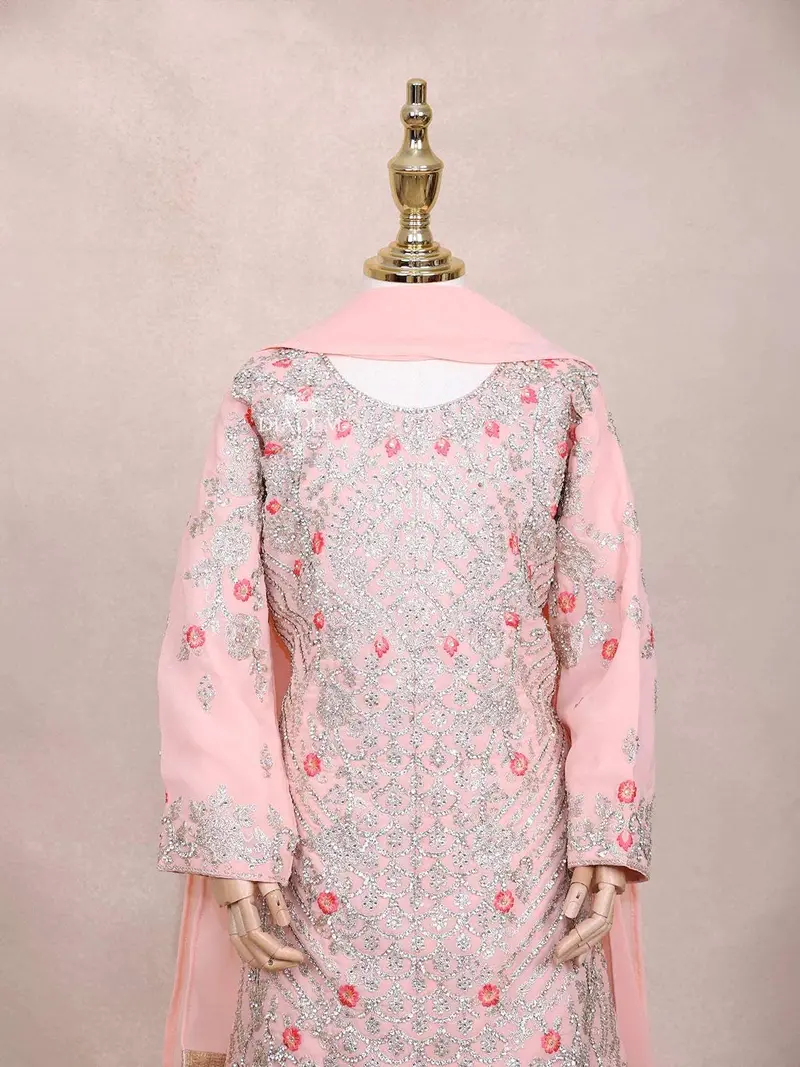 Light Pink Kids Lehenga Adorned With Sequins And Floral Design With Dupatta 5