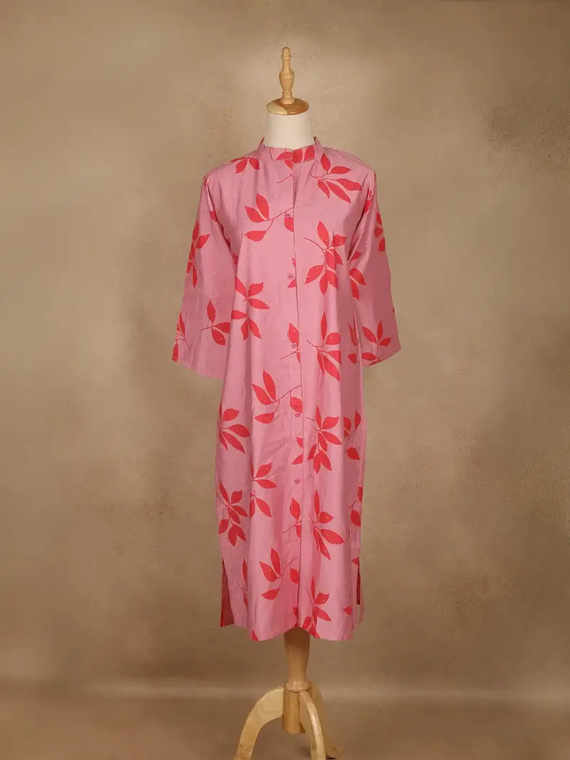 Light Pink Leaf Design Printed Cotton Kurti 1
