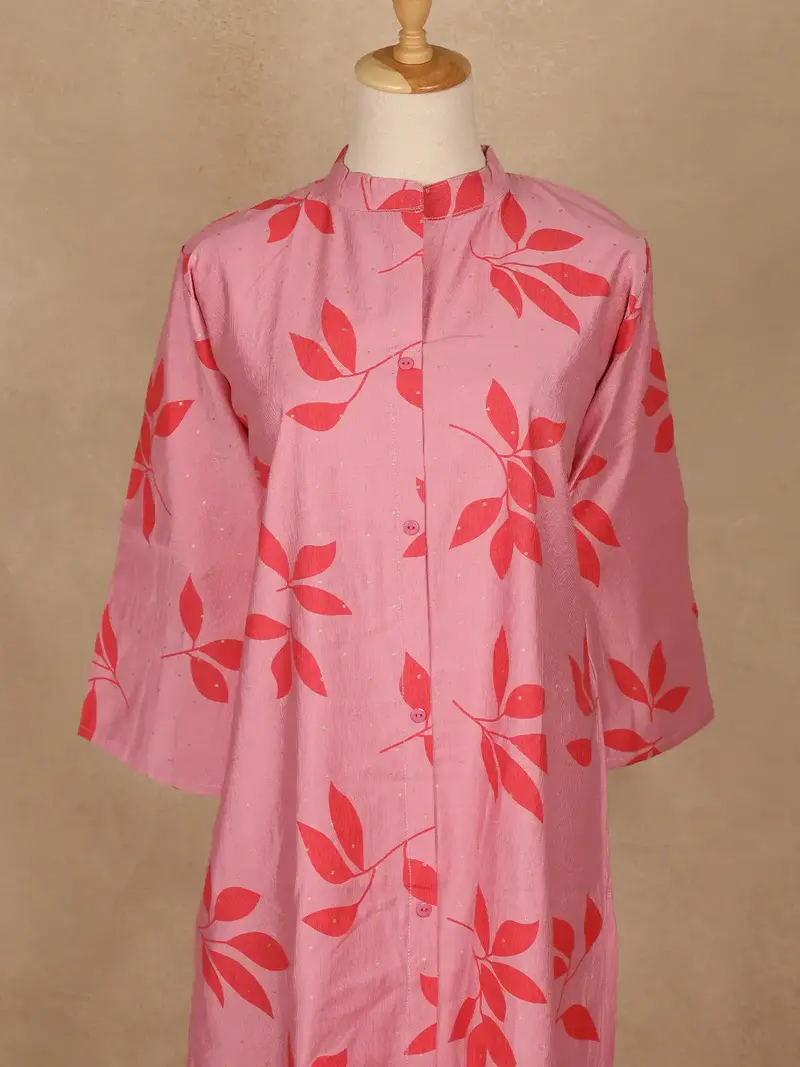 Light Pink Leaf Design Printed Cotton Kurti 2