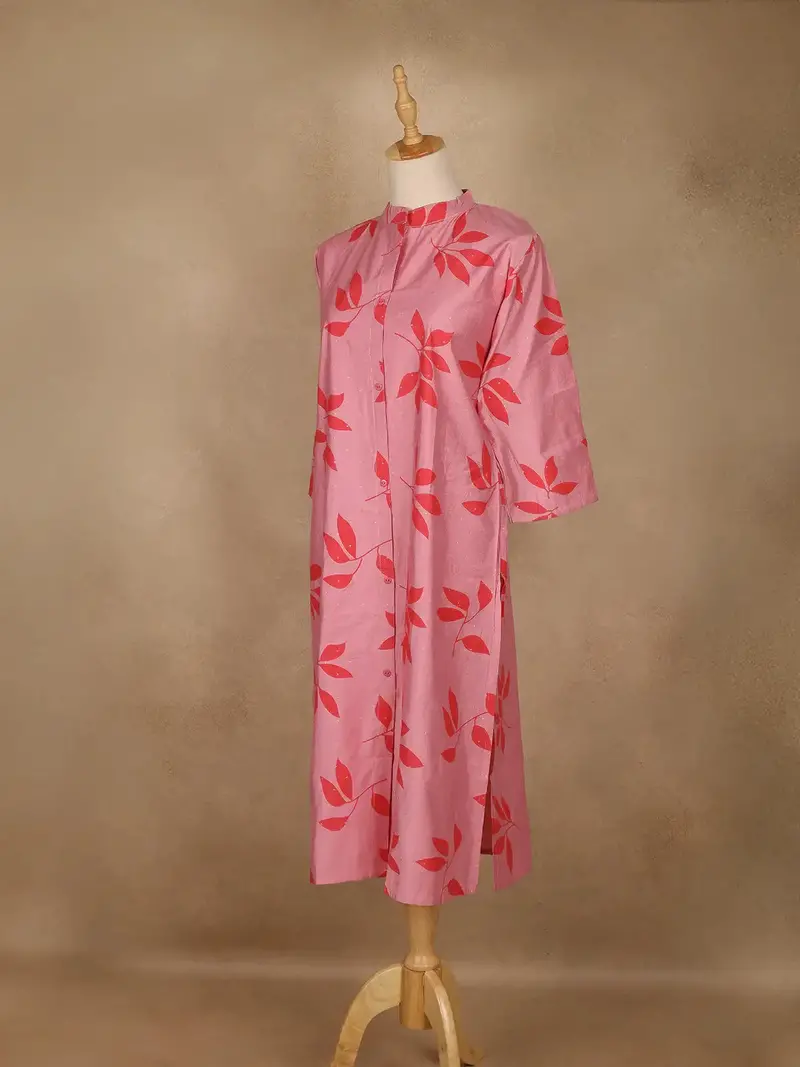 Light Pink Leaf Design Printed Cotton Kurti 3