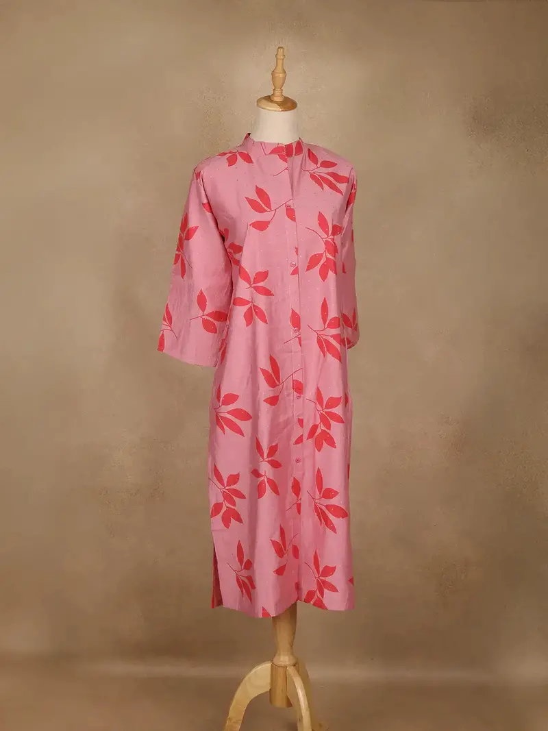 Light Pink Leaf Design Printed Cotton Kurti 4