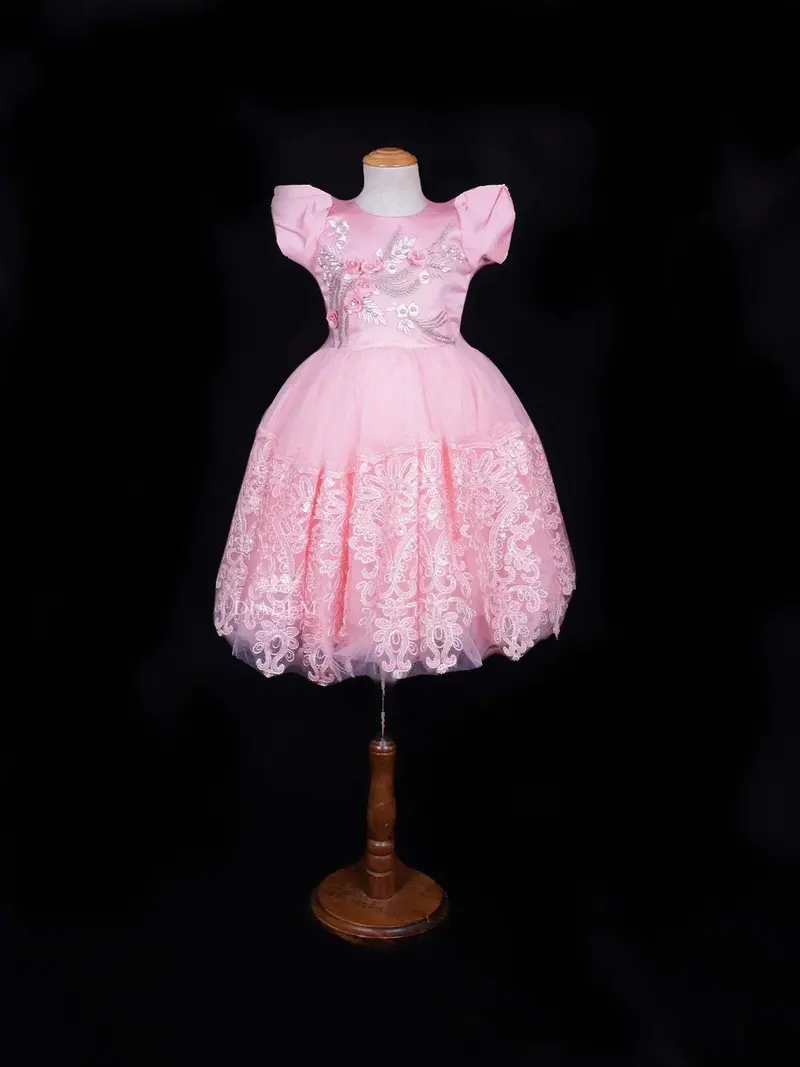 Light Pink Net Ball Gown Adorned With Satin, Floral Embroidery, And 3D Flowers 1