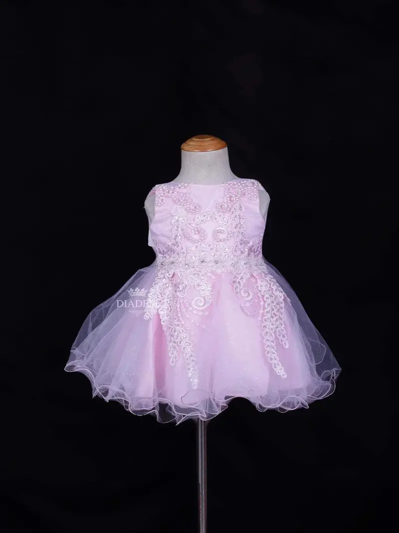 Light Pink Net Frock Embellished With Floral Laces And Pearl Beads 1