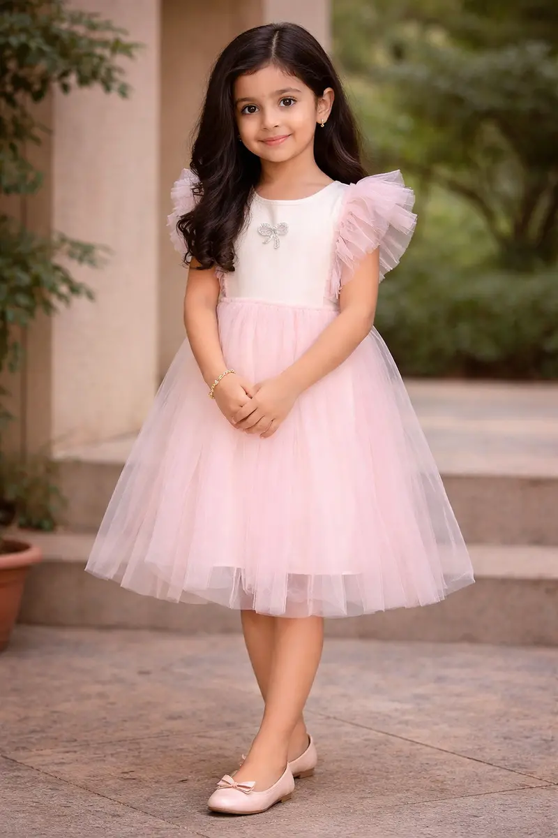 Light Pink Net Frock With Ruffle Sleeves And Attached Bow 1