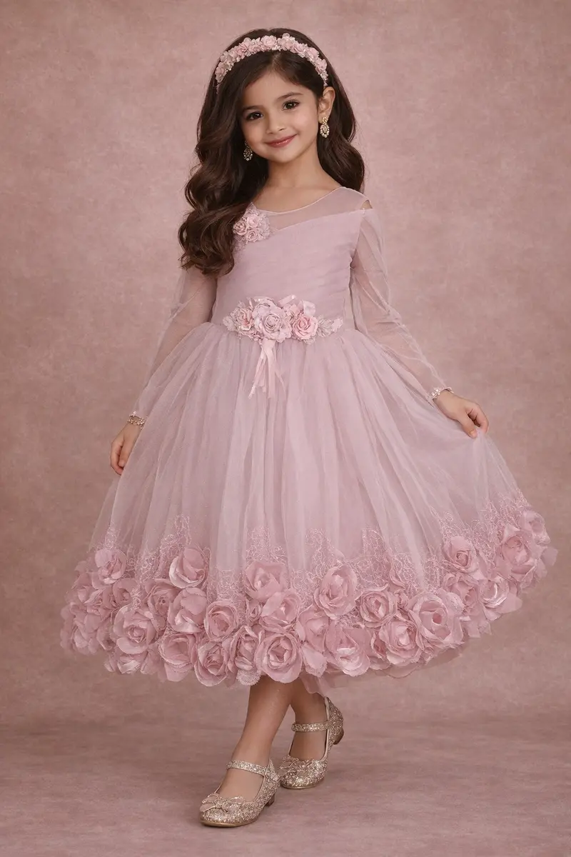 Light Pink Net Gown Embellished With 3Dflowers 1