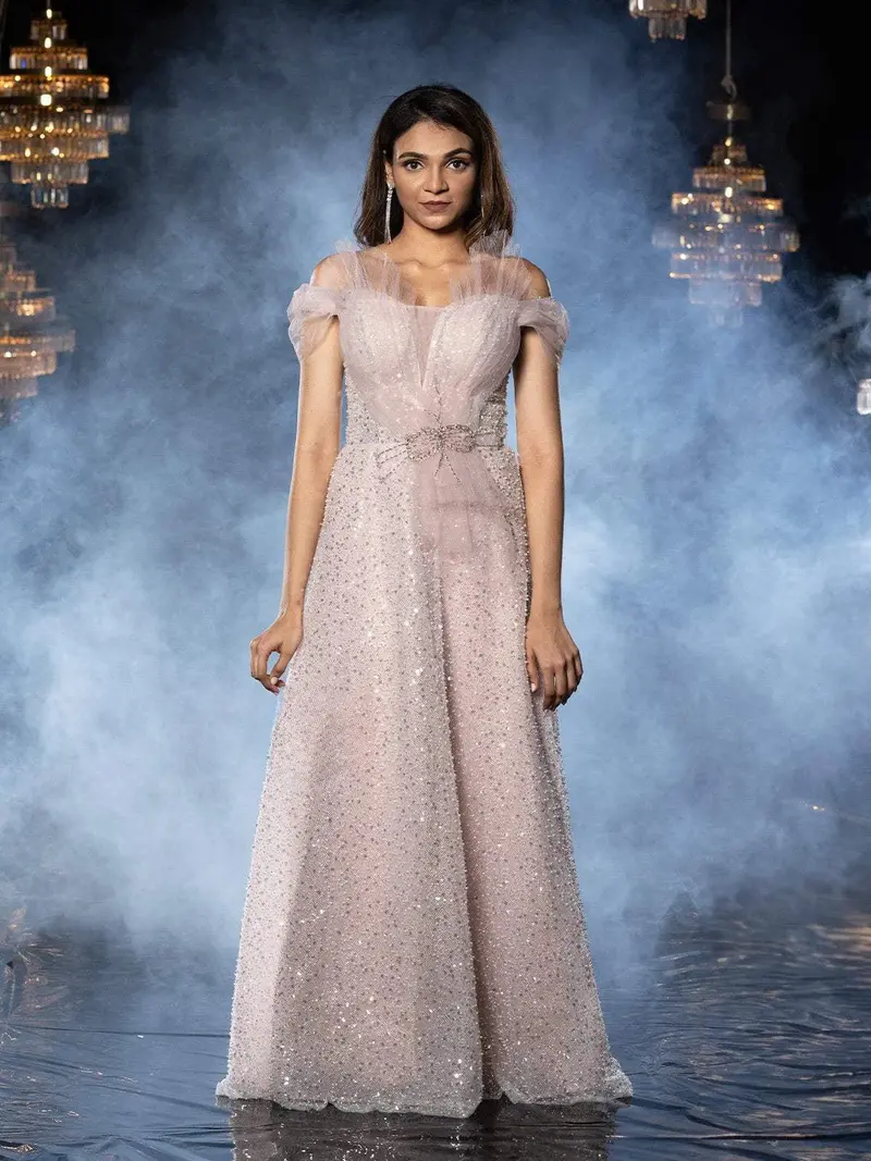 Light Pink Net Gown With Pearls & Sequins Floral Design 1