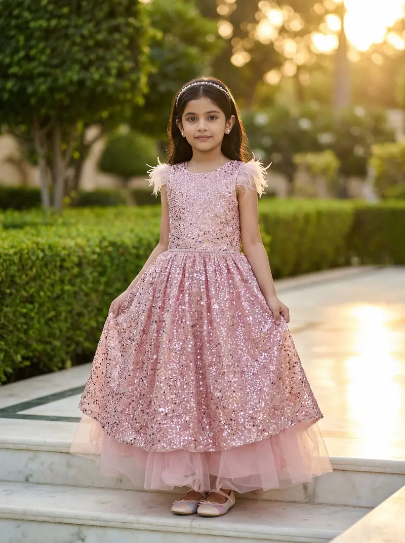 Light Pink Net Gown With Sequin Embellishments And Feather Sleeves 1