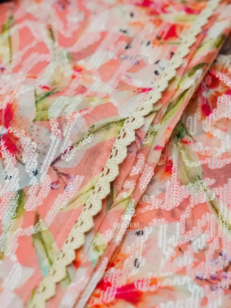 Light Pink Organza Silk Saree Adorned In Floral Prints And Sequins 2