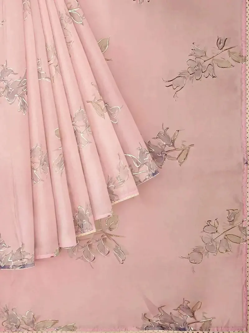 Light Pink Organza Silk Saree With Floral Prints On The Body And Thread Work Border 1