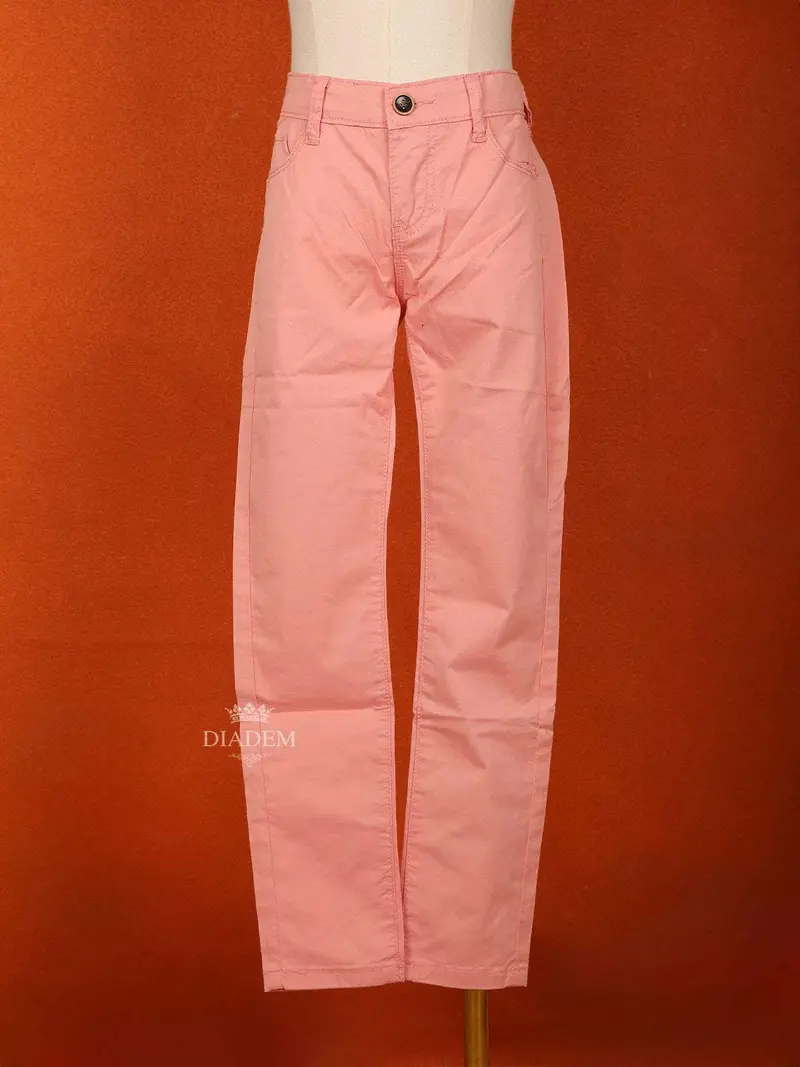 Light Pink Plain Cotton Blend Denim Pants For Girls 1