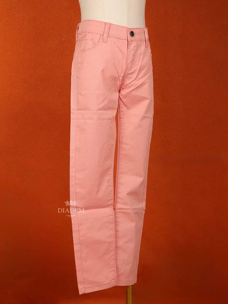 Light Pink Plain Cotton Blend Denim Pants For Girls 2