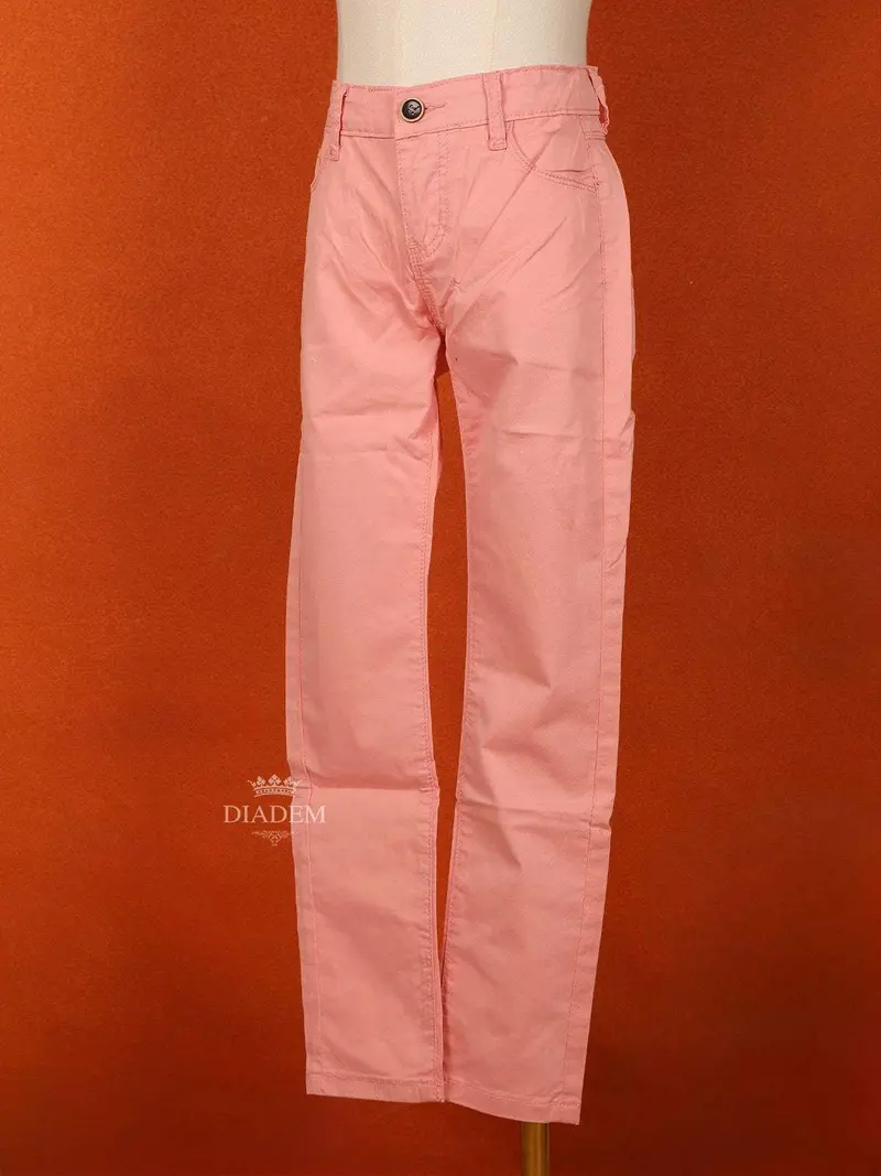 Light Pink Plain Cotton Blend Denim Pants For Girls 3
