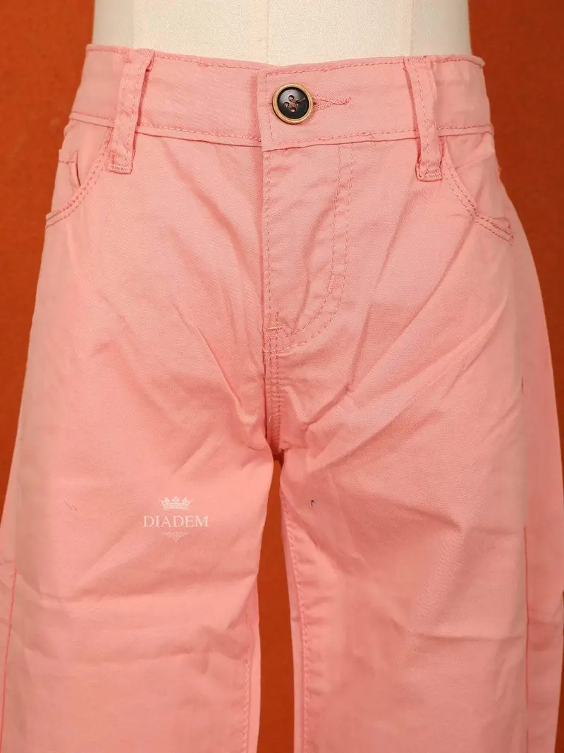 Light Pink Plain Cotton Blend Denim Pants For Girls 4