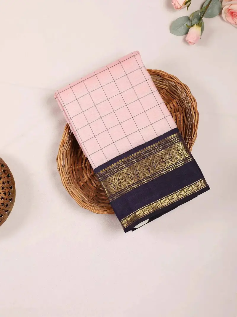 Light Pink Pure Kanchipuram Bridal Silk Saree With Checks On The Body And Contrast Zari Border 1