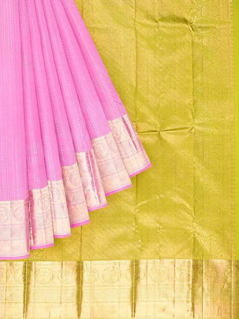Light Pink Pure Kanchipuram Bridal Silk Saree With Dot Stripes Design On The Body And Zari Border 1
