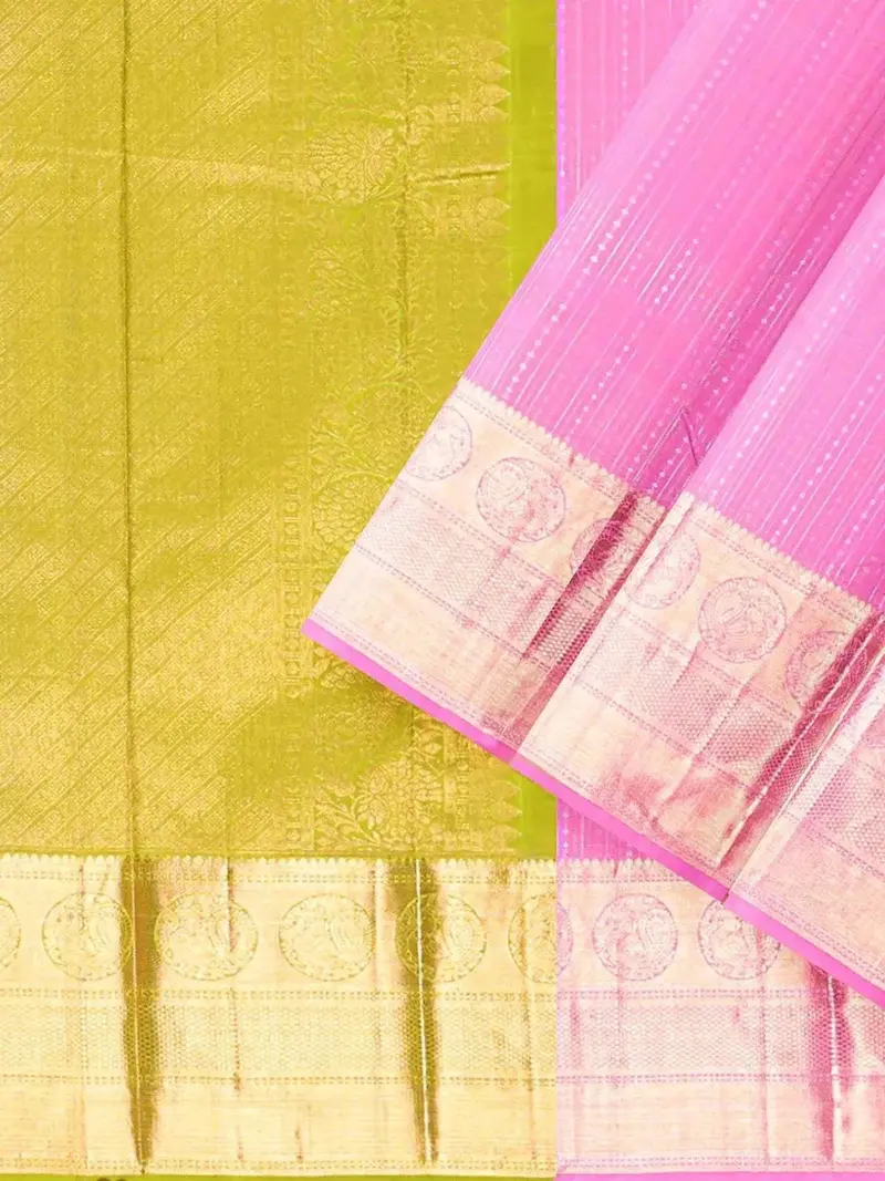 Light Pink Pure Kanchipuram Bridal Silk Saree With Dot Stripes Design On The Body And Zari Border 2