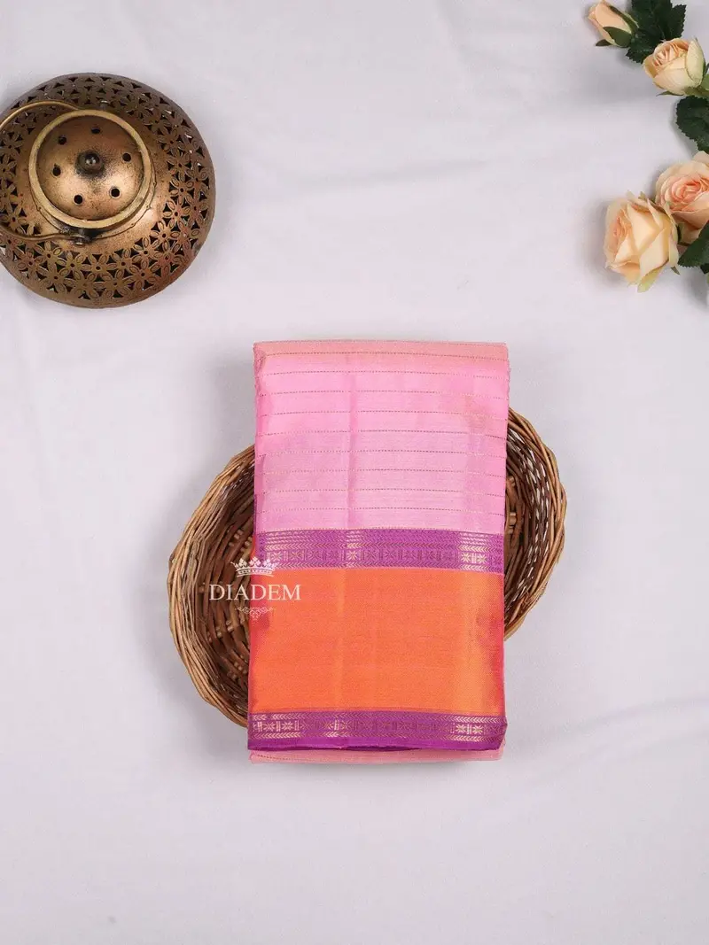 Light Pink Pure Kanchipuram Bridal Silk Saree With Stripes On The Body And Contrast Zari Border 1