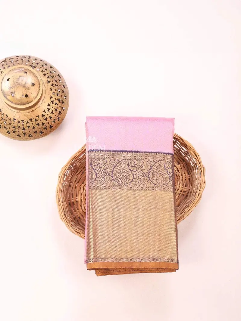 Light Pink Pure Kanchipuram Bridal Silk Saree With Zari Brocade On The Body And Contrast Zari Border 1