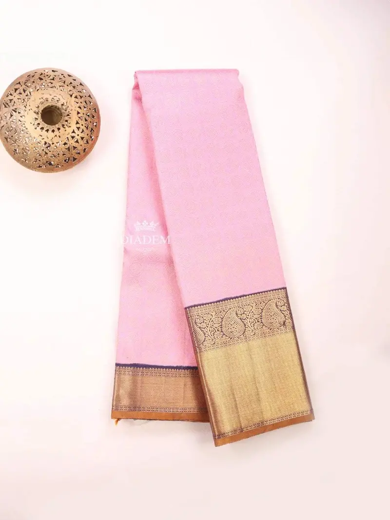 Light Pink Pure Kanchipuram Bridal Silk Saree With Zari Brocade On The Body And Contrast Zari Border 2