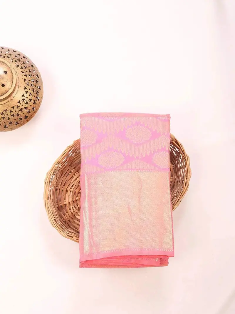 Light Pink Pure Kanchipuram Bridal Silk Saree With Zari Brocade On The Body And Zari Border 1