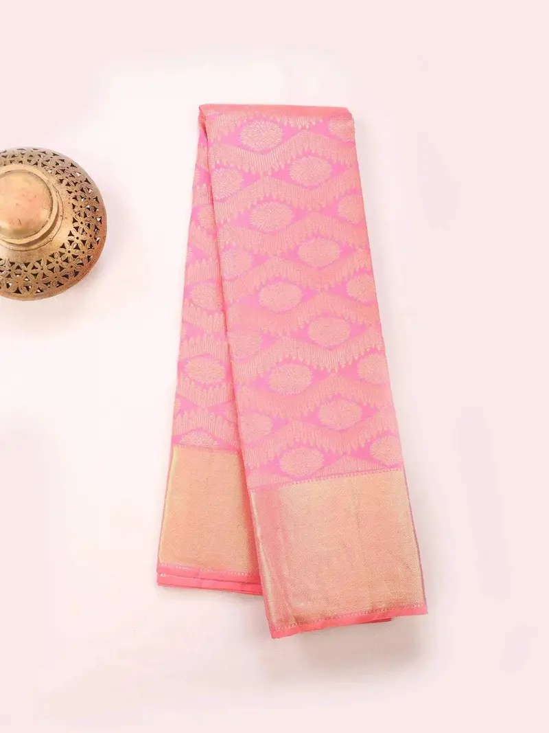 Light Pink Pure Kanchipuram Bridal Silk Saree With Zari Brocade On The Body And Zari Border 2