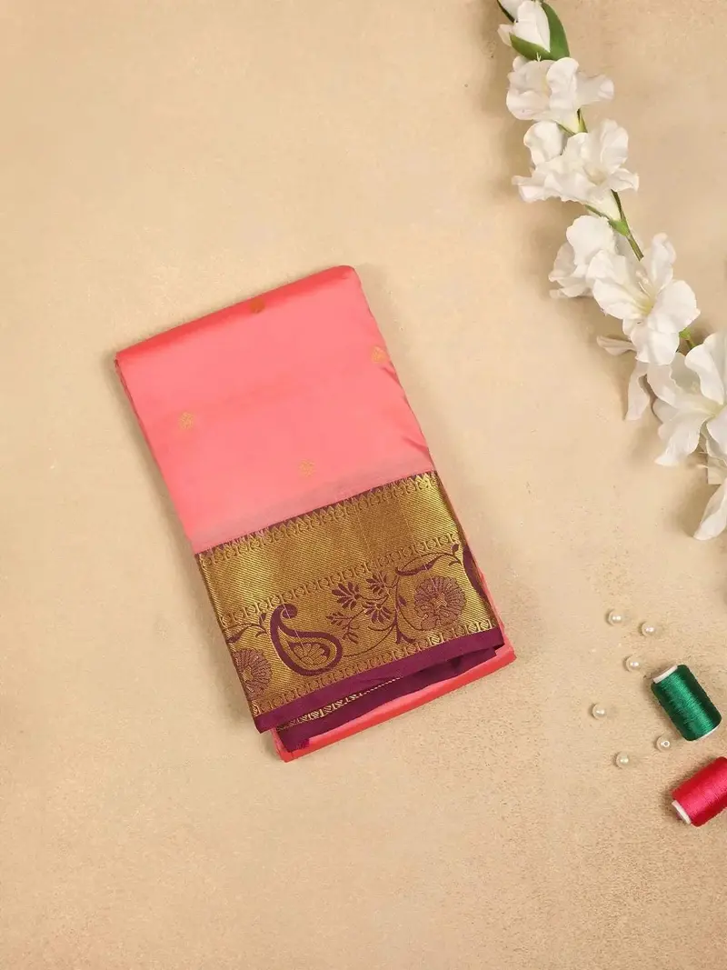 Light Pink Pure Kanchipuram Silk Saree With Floral Design With Designed Zari Border 1