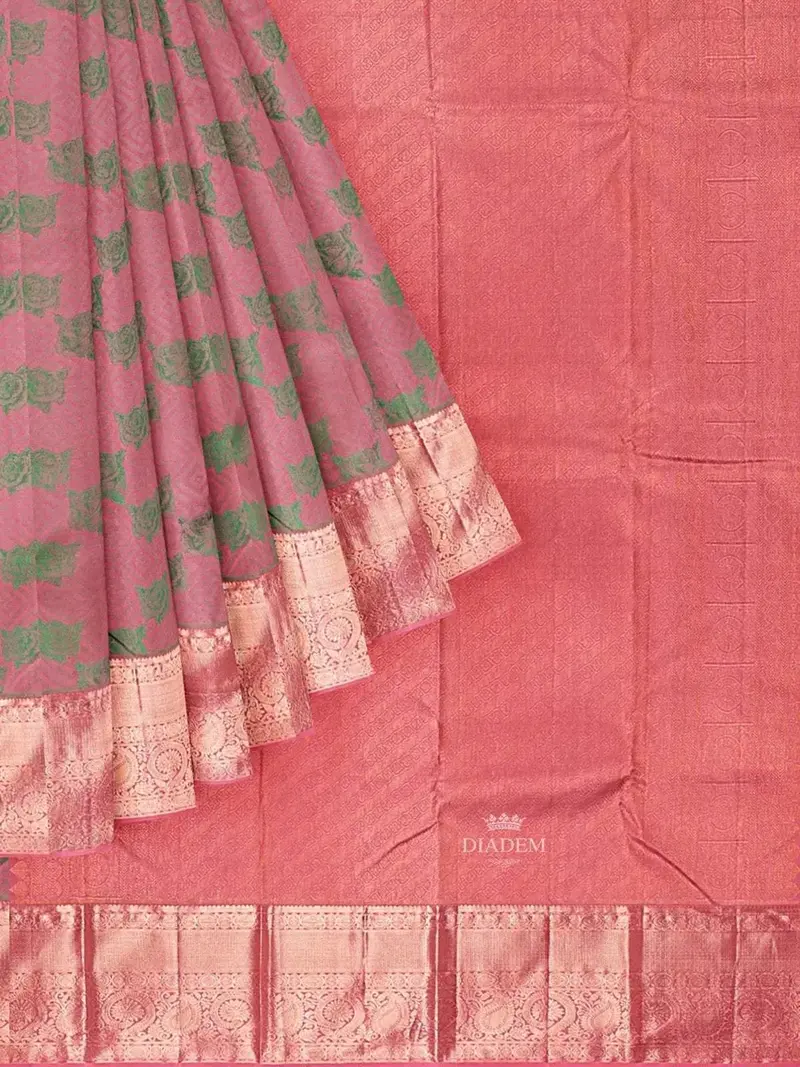 Light Pink Pure Kanchipuram Silk Saree With Floral Motif On The Body And Zari Border 1