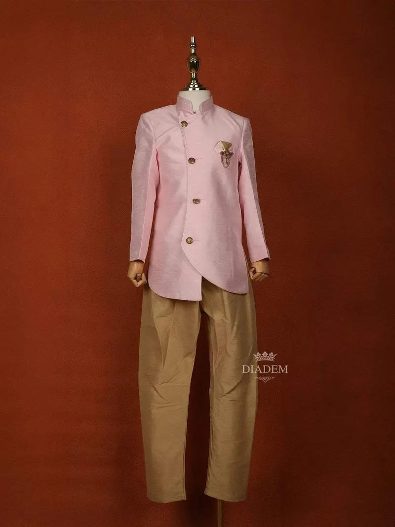 Light Pink Raw Silk Indo-Western Sherwani Suit With Brooch 1