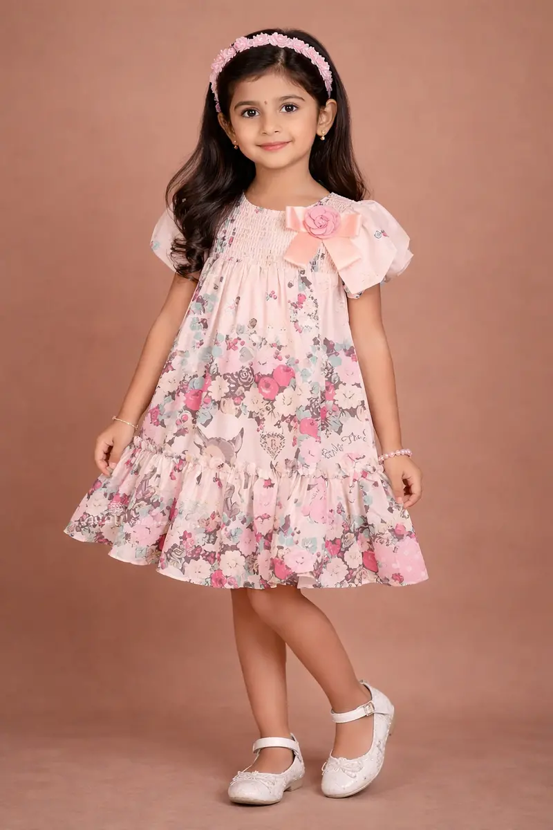 Light Pink Satin Frock Adorned With Floral Prints And Attached Bow 1