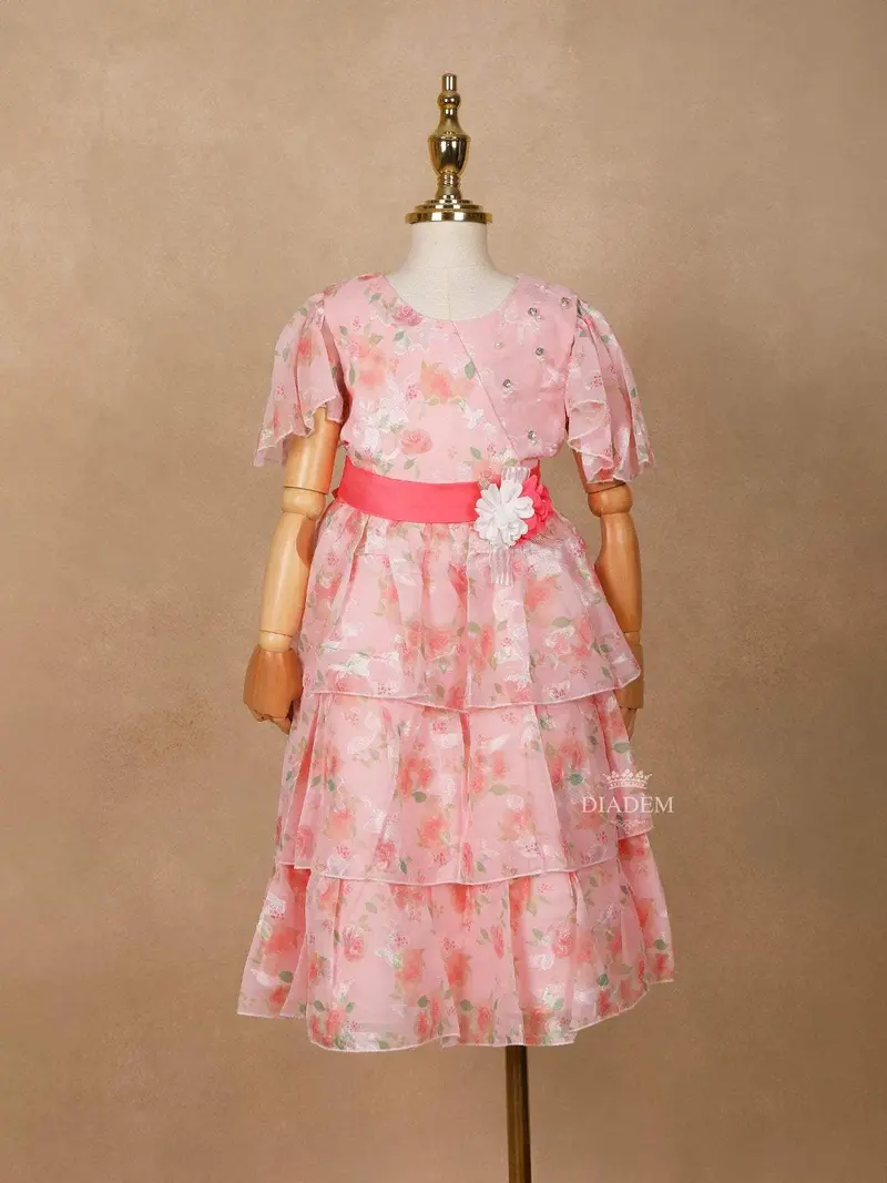 Light Pink Satin Gown Adorned With Floral Prints And 3D Flowers 1