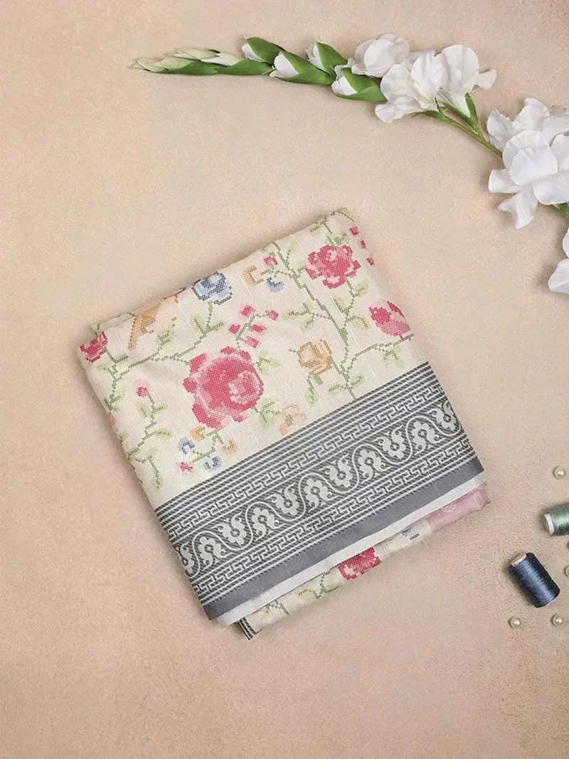 Light Pink Semi Tussar Silk Saree With Floral And Stripes Design On The Body With Designed Border 1