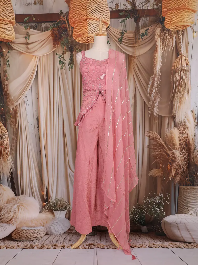 Light Pink Sequin And Bead Embroidered Organza Peplum Palazzo Suit With Dupatta 1
