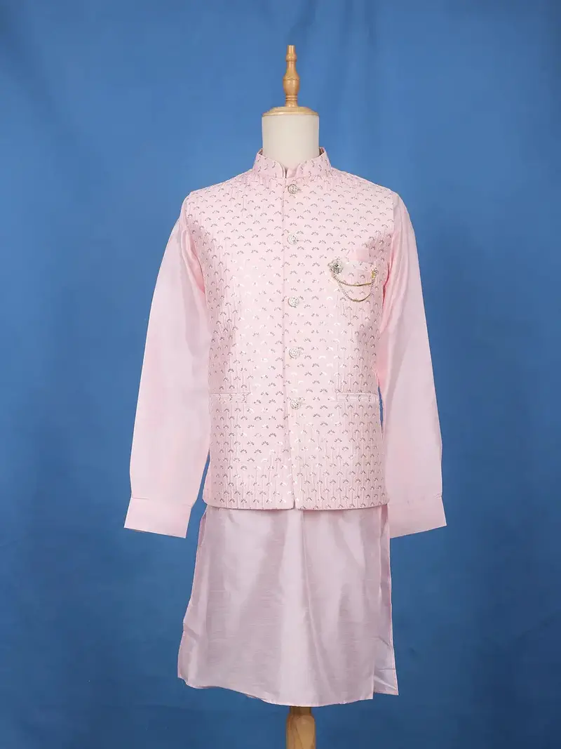Light Pink Sequin Embroidered Brocade Kurta Pyjama 1