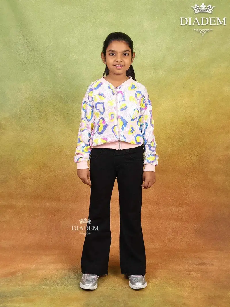 Light Pink Sequined Full-Sleeve Bomber Jacket 1