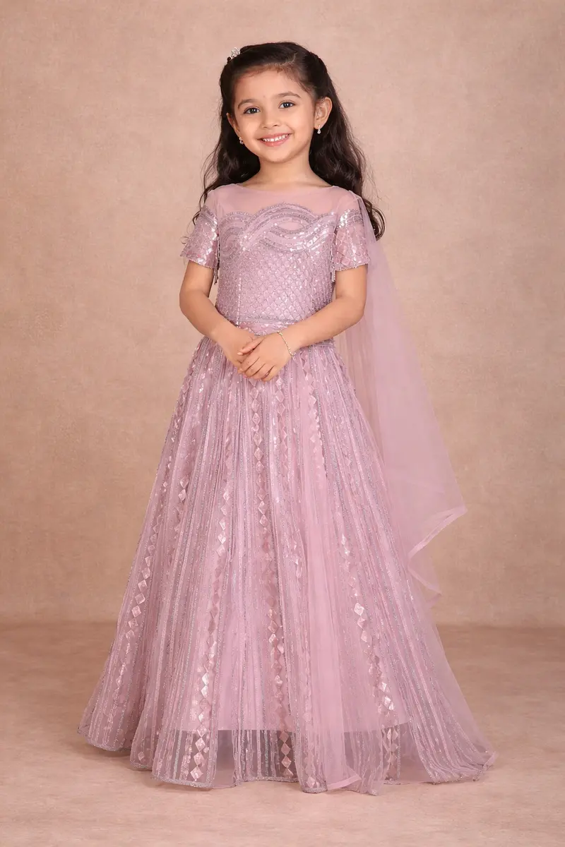 Light  Pink Sequins Embroidered Kids Net Lehenga 1