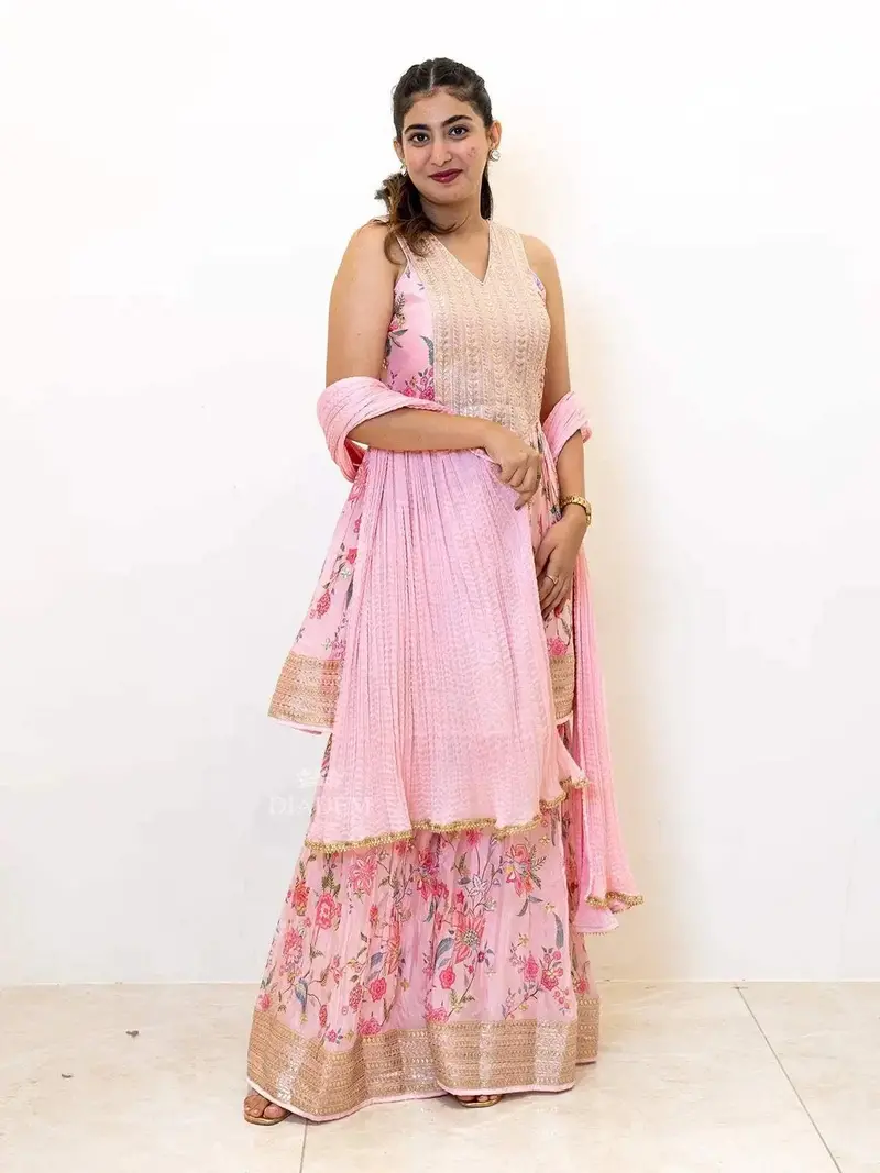 Light Pink Sharara Suit And Peplum Top Adorned With Floral Prints Along With Dupatta 1