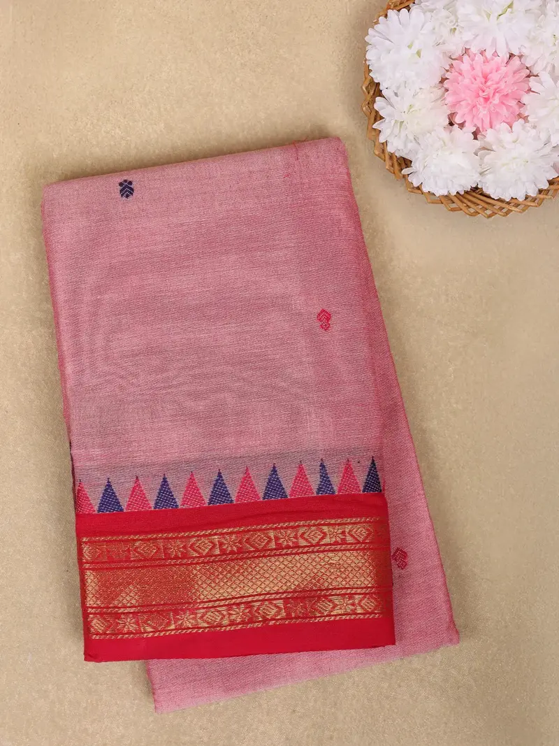 Light Pink Small Butta Motif Design Cotton Saree With Contrast Red Border 1