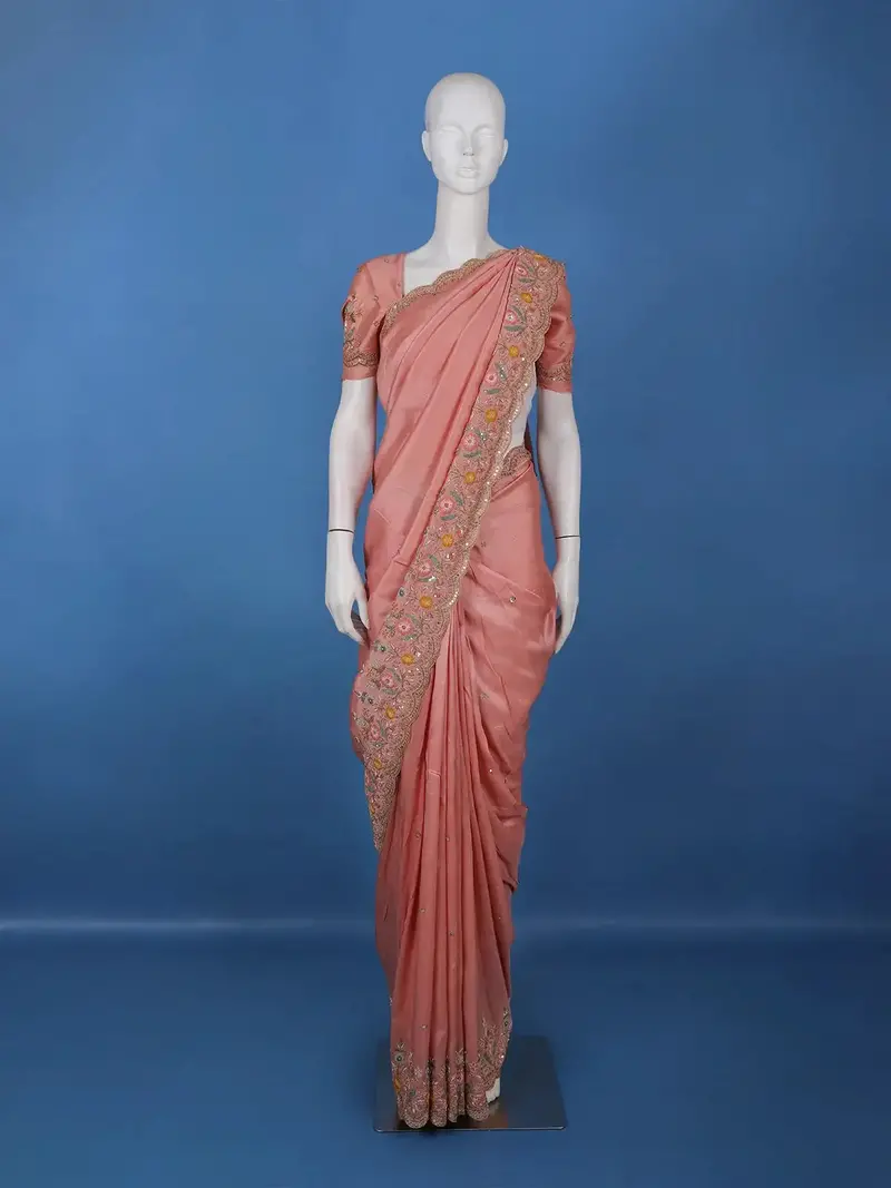 Light Pink Solid Design Satin Saree With Floral Scalloped Border 1