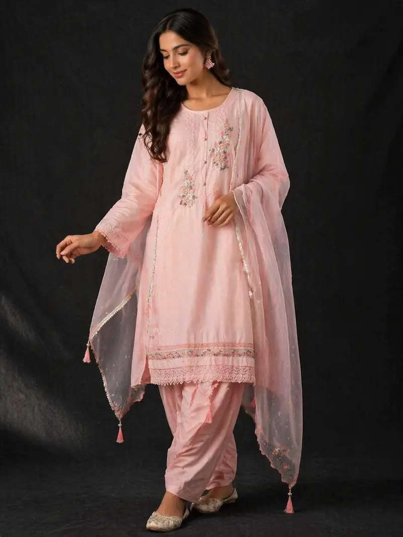Light Pink Straight Cut Salwar Suit For Women Adorned With Floral Design Paired With Dupatta 1